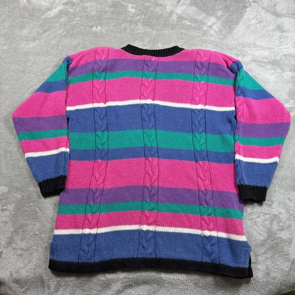 Vintage Cable Knit Sweater Women XL Pink Striped V Neck‎ Colorful 80s Cottage